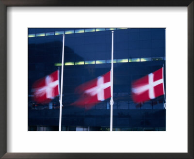 Danish Flags Flying Outside The Black Diamond Building, Copenhagen, Denmark by Martin Moos Pricing Limited Edition Print image
