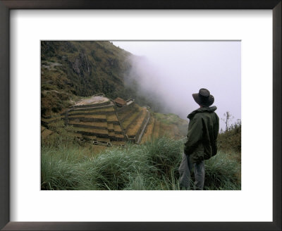 Tourist Watches Clouds Swirl Around Mountains, Inca Trail, Peru, South America by Jane Sweeney Pricing Limited Edition Print image