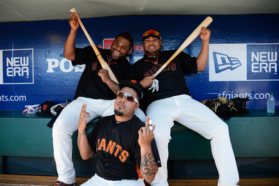 San Francisco, Ca- October 14: San Francisco Giants, Cardinals - Pablo Sandoval, Jose Mijares by Thearon W. Henderson Pricing Limited Edition Print image