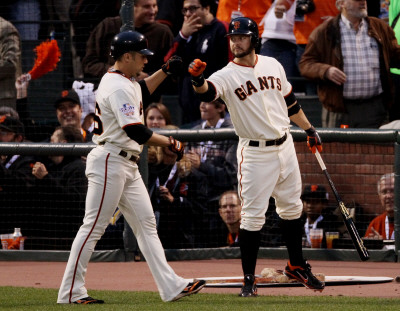 Texas Rangers V San Francisco Giants, Game 1: Andres Torres, Cody Ross by . Elsa Pricing Limited Edition Print image