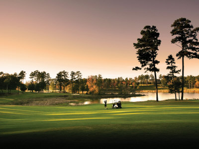 Sun Setting As A Golfer Hitting, The Grand National Golf Course, Robert Trent Jones Trail, Alabama by Images Monsoon Pricing Limited Edition Print image