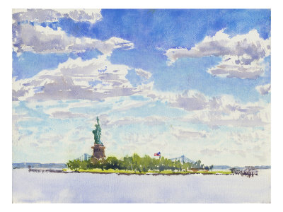 Watercolor Painting Of A View Of New York City Including The Statue Of Liberty by Images Monsoon Pricing Limited Edition Print image
