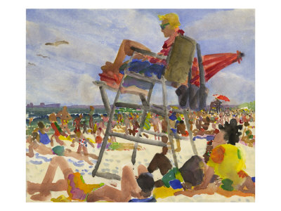 Watercolor Painting Of A Beach Scene With Lifeguard by Images Monsoon Pricing Limited Edition Print image
