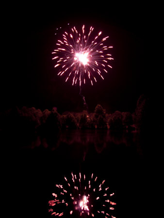 4Th Of July Fireworks And Reflection In Lake Cheston by Stephen Alvarez Pricing Limited Edition Print image