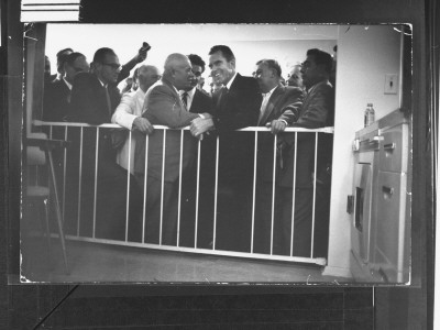 Soviet Premier Nikita Khrushchev With Vp Richard Nixon After Their Firey Kitchen Debate by Howard Sochurek Pricing Limited Edition Print image