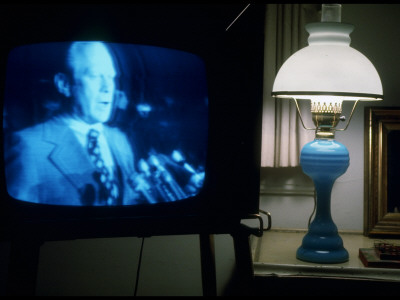 Tv Image Of Vp Gerald R. Ford Speaking Following President Nixon's Resignation Speech by Gjon Mili Pricing Limited Edition Print image