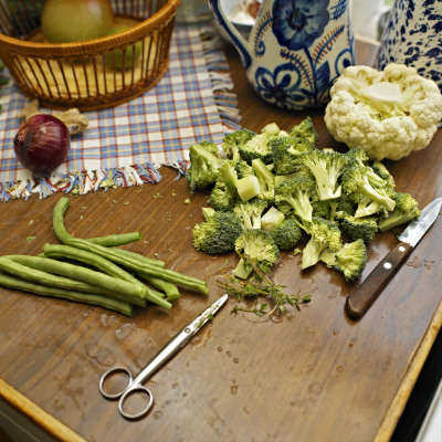 Chopped Broccoli, Some String Beans And A Cauliflower Head On A Table by Peo Quick Pricing Limited Edition Print image