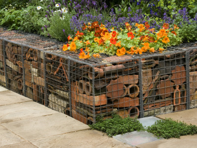 Wire Gaboins Filled With Recycled Terracotta Piping And Roof Tiles To Form Garden Seats, Chelsea by Clive Nichols Pricing Limited Edition Print image