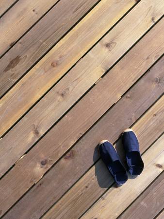 Private House, Cobham,-View Of Decking From Above, With Shoes, Architect: Chris Rudolf by Richard Bryant Pricing Limited Edition Print image