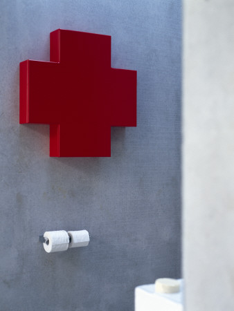 Cooper Residence, Omaha Beach, New Zealand, Bathroom Detail With Red Cross Cabinet by Richard Powers Pricing Limited Edition Print image