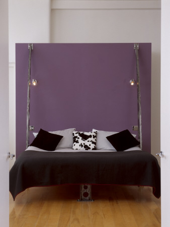 Elevation Of Modern Bed With Purple Headboard, Lights And Black Bedcover by Richard Powers Pricing Limited Edition Print image