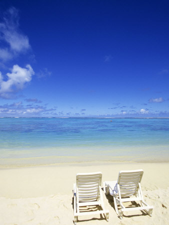 Beach Chairs On Beach Raratonga, Cook Islands by Michael Defreitas Pricing Limited Edition Print image