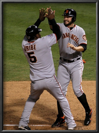 Texas Rangers V. San Francisco Giants, Game 5:  Cody Ross, Juan Uribe by Stephen Dunn Pricing Limited Edition Print image