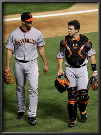 San Francisco Giants V Texas Rangers, Game 4: Madison Bumgarner,Bengie Molina by Ronald Martinez Pricing Limited Edition Print image