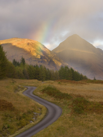 Mountain Road With Rainbow In Glen Etive, Argyll, Scotland, Uk, October 2007 by Niall Benvie Pricing Limited Edition Print image