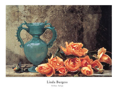 Julia's Roses Lying Beside Blue Vase by Linda Burgess Pricing Limited Edition Print image