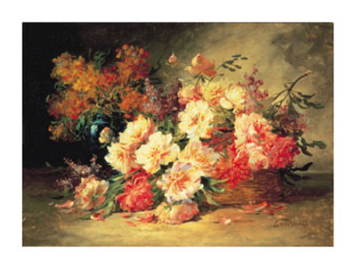 Peonies And Delphiniums In A Basket by Alfred Godchaux Pricing Limited Edition Print image