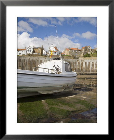 White Boat On The Landing In Harbour At Low Tide With Old Bay Area Of Fishing Village by Pearl Bucknall Pricing Limited Edition Print image