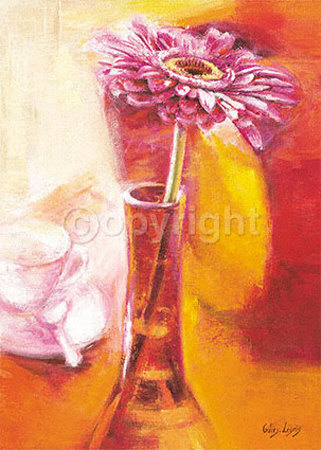 Pink Gerbera In A Cafe by Gilles Legris Pricing Limited Edition Print image