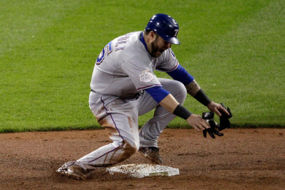 2011 World Series Game 6 - Texas Rangers V St Louis Cardinals, St Louis, Mo - Oct. 27: Mike Napoli by Rob Carr Pricing Limited Edition Print image