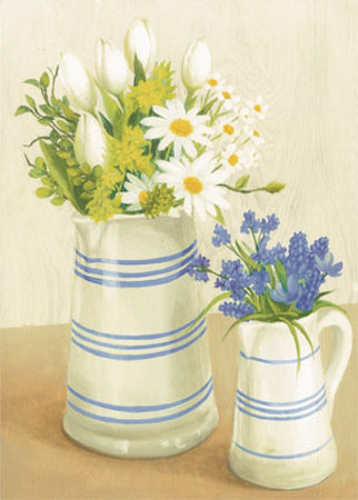 Daisies, Tulips And Purple Flowers In Pitchers by David Col Pricing Limited Edition Print image