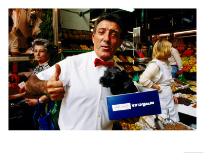 Man With Dog In Box, Boqueria Markets, Las Ramblas, Barcelona, Spain by Jonathan Chester Pricing Limited Edition Print image