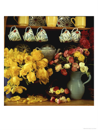 Spring Arrangement On A Dresser Ranunculus, Yellow Tulipa Baskets, China Cups & Teapot by Lynne Brotchie Pricing Limited Edition Print image