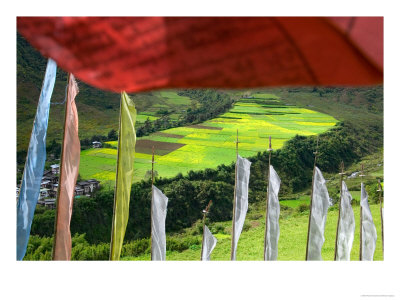 Praying Flags With Village And Farmlands At Pepe La Pass, Phobjikha Valley, Gangtey, Bhutan by Keren Su Pricing Limited Edition Print image