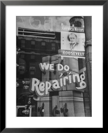 Franklin D. Roosevelt Poster Hanging In A Repair Store Window On Madison Avenue by John Phillips Pricing Limited Edition Print image
