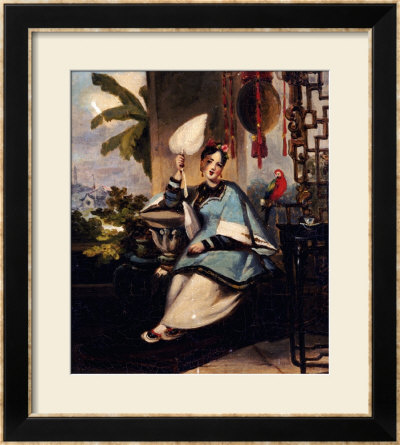 Portrait Of A Girl, Seated Small Full Length In A Blue Robe, Holding A Fan By A Window With Parrot by George Chinnery Pricing Limited Edition Print image