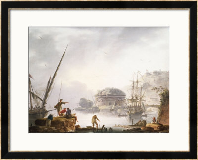 Fishermen With A Sailing Vessel Moored In A Capriccio Mediterranean Harbour, 1754 by Cristofano Allori Pricing Limited Edition Print image