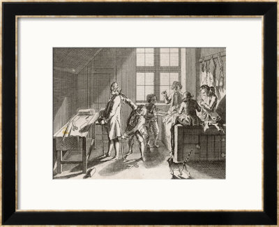 Tailor Measures The Length Of A Gentleman's Coat With A Tape Measure While His Colleagues Sew by Chodowiecki Pricing Limited Edition Print image