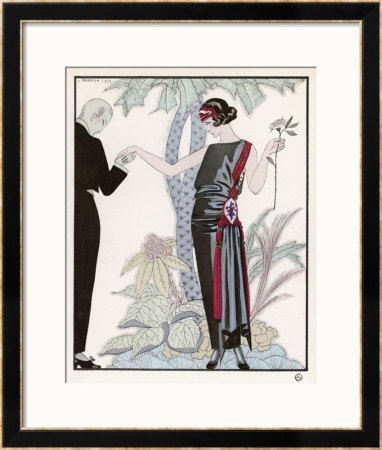 Sleeveless Slash Neck Chinese Or Orientally Inspired Black Dress By Worth With Red Tassel Detail by Georges Barbier Pricing Limited Edition Print image