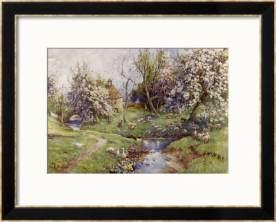 Picturesque Stream In The English Countryside With Geese by G.F. Nicholls Pricing Limited Edition Print image