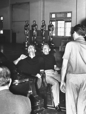 Actors Burt Lancaster And Kirk Douglas, During Rehearsals For 30Th Annual Academy Awards Show by Leonard Mccombe Pricing Limited Edition Print image