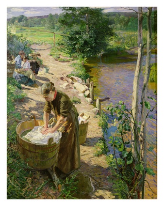 Washing By The River, Sandvika (Oil On Canvas) by Hjalmer Eilif Emanuel Peterssen Pricing Limited Edition Print image