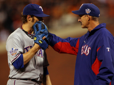 Texas Rangers V San Francisco Giants, Game 2: C.J. Wilson, Mike Maddux by Doug Pensinger Pricing Limited Edition Print image