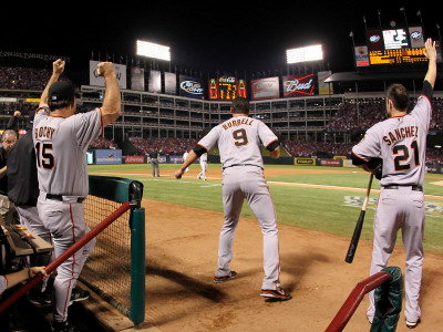 Texas Rangers V. San Francisco Giants, Game 5:  Manager Bruce Bochy, Pat Burrell And Freddy Sanchez by Doug Pensinger Pricing Limited Edition Print image