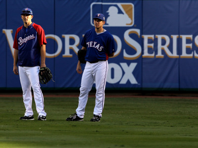 Texas Rangers V. San Francisco Giants, Game 5:   (L-R) Darren O'day #56 And Taylor Teagarden by Ronald Martinez Pricing Limited Edition Print image