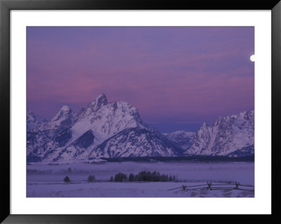 Grand Tetons And Fenceline With Full Moon, Grand Teton National Park, Wyoming, Usa by Jamie & Judy Wild Pricing Limited Edition Print image