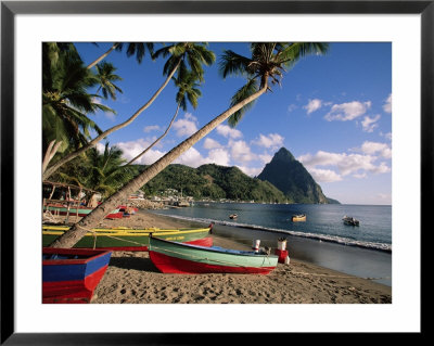 Fishing Boats At Soufriere With The Pitons In The Background, West Indies, Caribbean by Yadid Levy Pricing Limited Edition Print image