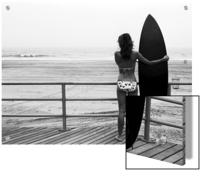 Model With Black Surfboard Standing On Boardwalk And Watching Wave On Beach by B.E.S. Pricing Limited Edition Print image