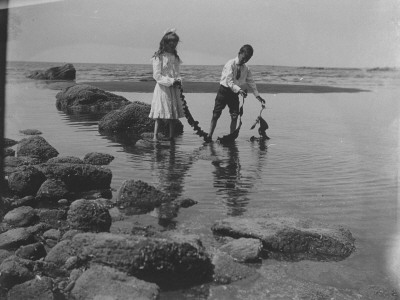 Well-Dressed Children Ruth And Arthur Walking Near The Surf And Examining A Large Piece Of Seaweed by Wallace G. Levison Pricing Limited Edition Print image