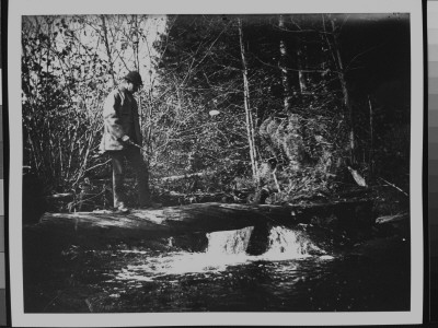 A Man Standing On A Log, Fishing In A Lake Near Lance's House by George B. Brainerd Pricing Limited Edition Print image