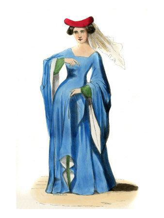 Young Lady Costume Of The 14Th Century, Shows A Blue Tailed Dress With Hanging Sleeves by Hugh Thomson Pricing Limited Edition Print image