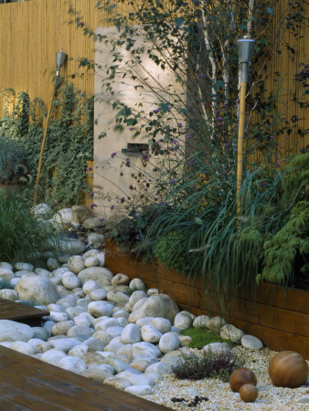 Roof Garden With Bamboo Fencing, White Boulders, Barleycorn Gravel, Designer Alison Wear Associates by Clive Nichols Pricing Limited Edition Print image