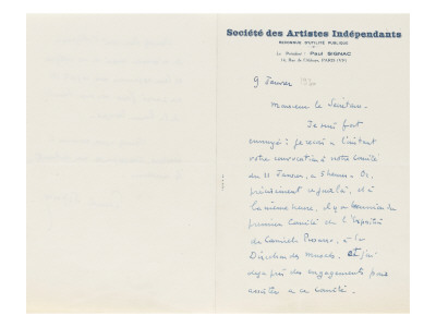 Lettre Autographe Signée À Raymond Escholier Le 9 Janvier 1930 by Paul Signac Pricing Limited Edition Print image