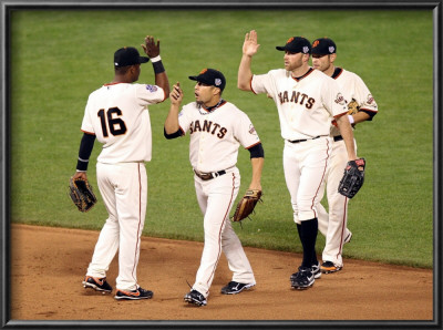 Texas Rangers V San Francisco Giants, Game 2: Edgar Renteria, Andres Torres, Mike Fontenot, Freddy by Jed Jacobsohn Pricing Limited Edition Print image