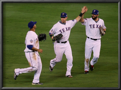 San Francisco Giants V Texas Rangers, Game 3: Nelson Cruz,Josh Hamilton,Jeff Francoeur by Stephen Dunn Pricing Limited Edition Print image