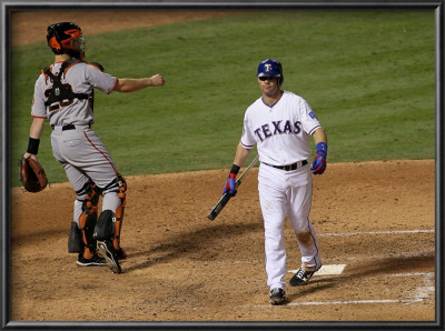San Francisco Giants V Texas Rangers, Game 4: Michael Young,Buster Posey by Stephen Dunn Pricing Limited Edition Print image